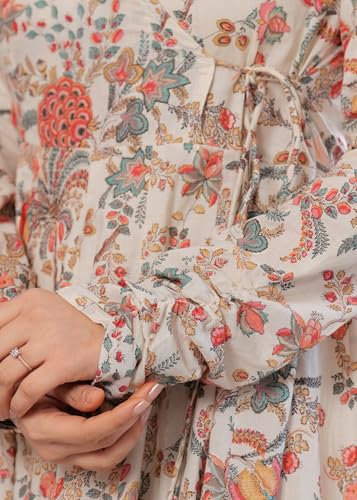 Image of Floral Print Long Anarkali Suit, Full Sleeve V-Neck, Cotton Maxi Length, Beige