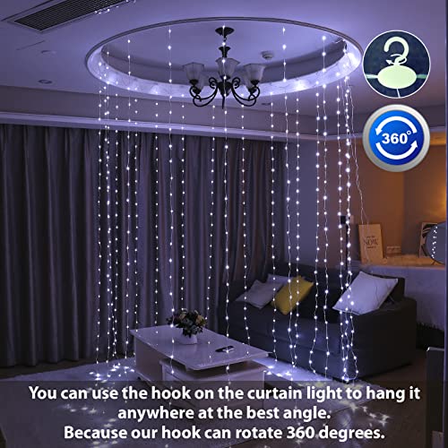 HXWEIYE 300LED Fairy Curtain Lights, 9.8x9.8Ft USB Plug-in 8 Modes Christmas String Hanging Lights with Remote for Bedroom Backdrop Wedding Indoor Wall Decor, White, Tangle-Free – 1 Pack