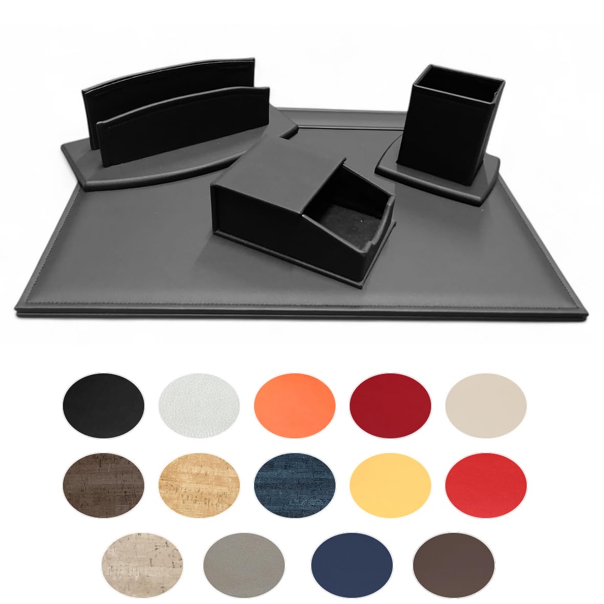 OGGETTANDO set scrivania ufficio in ecopelle con accessori composto da scrittoio apribile, portalettere, portapenne, portabigliettini (Nero)