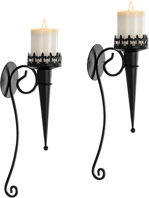 Sziqiqi 2Pcs Wall Candle Holders, Hanging Wall Candle Sconce Stand, Vintage Wall Mounted Pillar Candlestick Holder for Home Living Room Bedroom Mantelpiece Decoration, Black
