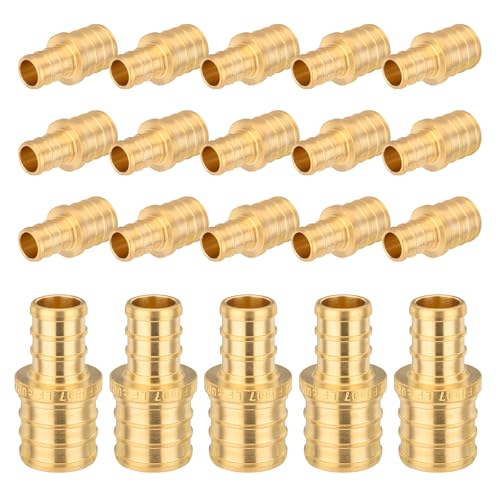 (20-Pack) PEX Fittings 1 Inch x 3/4 Inch Reducing Straight Coupling, Brass Crimp Pipe Fittings, for PEX Tubing Pipe Hose Fittings, ASTM F1807(PEX1807014-20Pack)