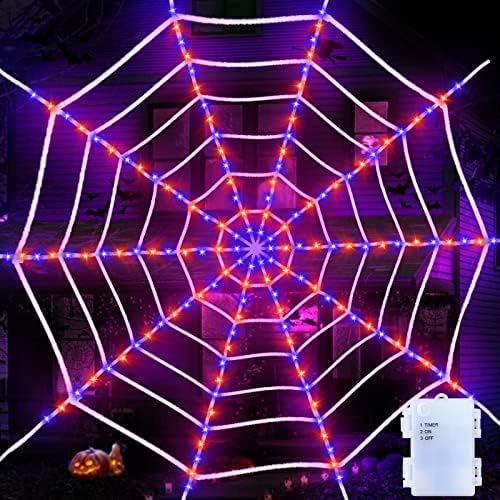 [ Prelit & Avoid Tangled Mess ] 12Ft 120LED Giant Halloween Spider Web Decor with Orange Purple Net Lights Timer Battery Operated Waterproof Halloween Decorations Outdoor Indoor Home Yard Garden Patio