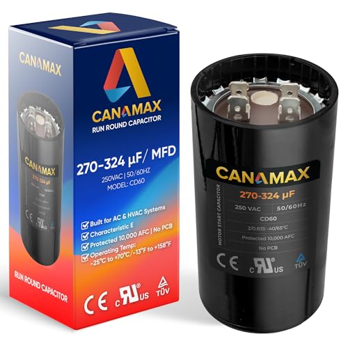 270-324 uF 270/324 MFD 250VAC CBB65 Round Motor Start Capacitor 50/60 Hz AC Electric by Canamax - Compatible with Single Phase Motor Capacitors Condenser Straight Cool or Heat Pump Air Conditioner