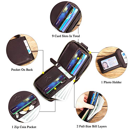 Image of BAIGIO Genuine Leather Wallets for Men Multi Card Purse with Zipper Wallet Men RFID Blocking Coin Pocket (Dark Coffee)