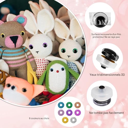 Draupnir 48 Pièces 20mm/16mm/12mm Yeux de Securite Amigurumi, Yeux Poupée en Paillettes Plastique Grand, Yeux Crochet avec Rondelles pour Poupée d'animaux en Peluche, Marionnettes Artisanat – vue 4