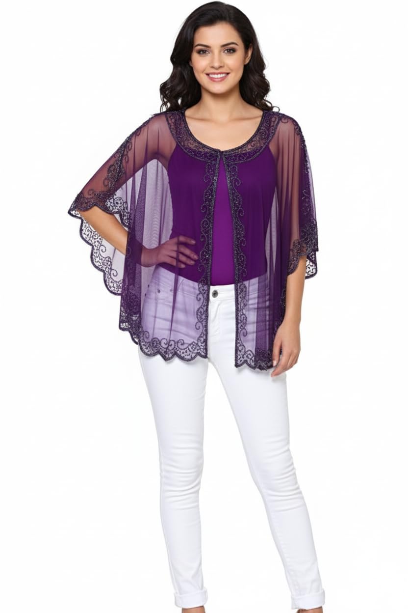 Liva Women's Net Poucho Cape Shrug with Hand Embroidery, Elegant Design, Gold Color, Free Size, Scalloped Hem-picture-38