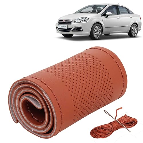 Image of KINGSWAY PU Leatherite Car Steering Cover Sewable Compatible with Fiat Linea (Year 2007-2019), Tan Color with Tan Thread, Pack of 1 with Sewing Needle and Thread