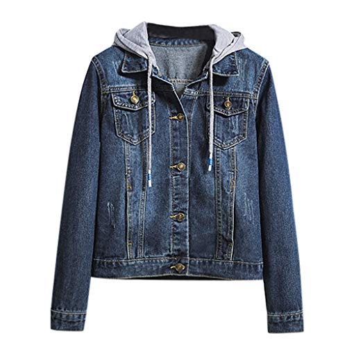 Fanteecy Women's Layered Drawstring Hood Denim Jacket Boyfriend Oversize Denim Jacket Long Sleeve Coat w Pockets