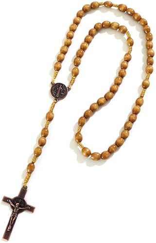 Miniatura 3 de KOMI Rosarios católicos de madera hechos a mano, collar de cuentas de rosario de madera de Belén, medalla de suelo santo y cruz de metal para regalo