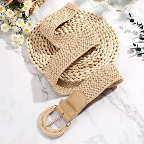 Image of SANSTHS Women Wide Woven Belt for Dresses Fashion Rattan Braided Waist Belt Straw Raffia Boho Belt for Jeans