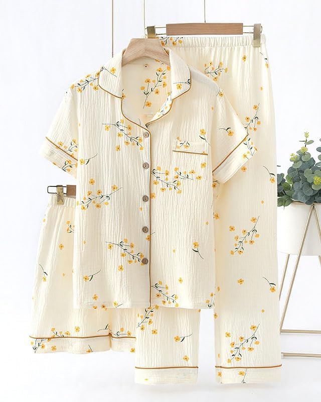 Womens 3pcs Cotton Pajamas Set Short Sleeve Sleepwear Fruit Print Cute Pj Set with Long Pants - Image 2