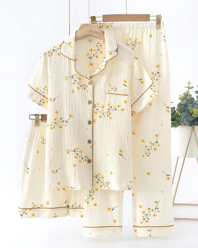 Womens 3pcs Cotton Pajamas Set Short Sleeve Sleepwear Fruit Print Cute Pj Set with Long Pants2