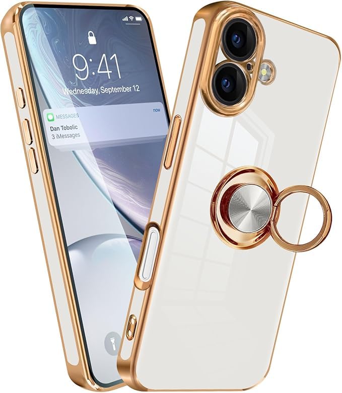 対応iPhone17 ケース リング いphone 17 リング付き スマホケース TPU 車載ホルダー対応 360°回転 ストラップホール付き メッキ加工 カバー ホワイト