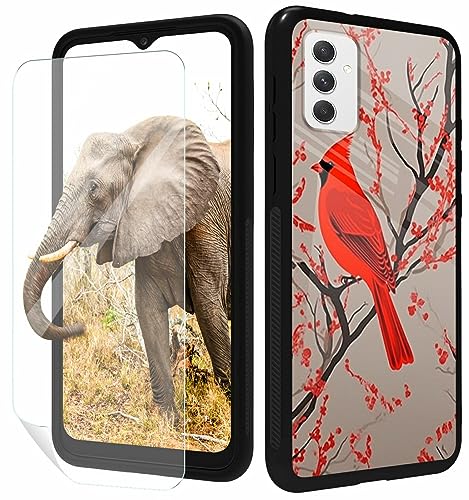 GFRGTFHYT for Samsung Galaxy A14 5G Phone Case with Screen Protector Slim Tempered Glass Black Cover Red Cardinal Birds Design for Women Wen Shock-Proof Protective Case for Samsung Galaxy A14 5G