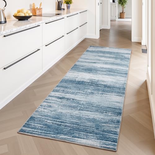 PADOOR Modern Abstract Runner Rug - 2.6x8 Washable Hallway Rugs, Ultra Soft Non-Slip Low Pile Floor Rugs for Hallway Entryway Kitchen Bedroom Bedside Laundry Room Blue Blue 2'7" x 8' (Runner