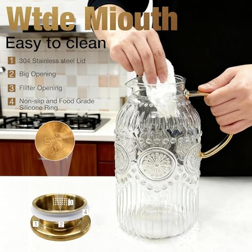 Image of Amzcku Glass Pitcher with Lid, 101 oz / 3 Liter Vintage Water Pitcher,Water Carafe for Cold Brew, Coffee, Lemonade, Iced Tea,Beverage, Heat Resistant Water Glass Jug 1Pack