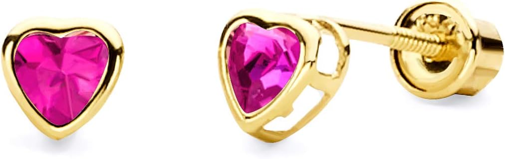 14k Yellow Gold 4mm Heart Bezel Set Stud Earrings with Screw Back - 12 Different Color Available