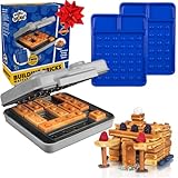 Building Brick Electric Waffle Maker- GREY with 2 Construction Eating Plates- Cook Fun Buildable Gingerbread Man Waffles in Minutes- Revolutionize Breakfast - Stack & Build on Serving Dishes Xmas Gift