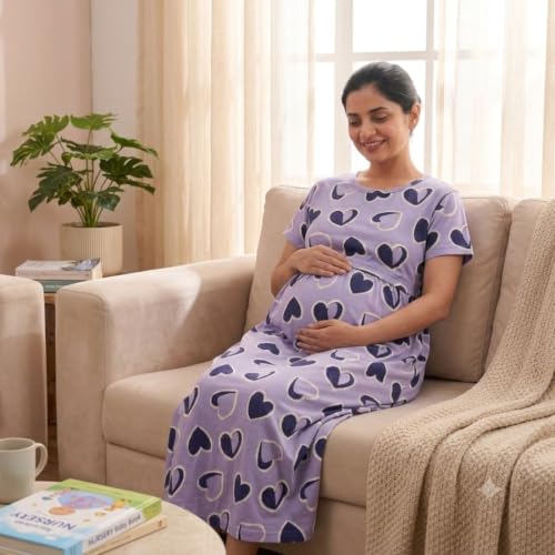 Image of Zero Clothing Feeding Dress for New Moms Casual Loungewear Ankle Length | Cotton Maternity Nighty | Zipless Feeding Dresses for Women | Pregnancy & Nursing Wear