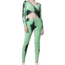 ISOLAY Women's Tie Dye Crossover Long-sleeve Workout Sets 2 Pieces Seamless High Waist Yoga Leggings with Sports Bra