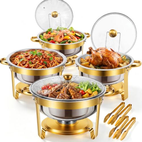 ALSO GO Chafing Dish for Buffet, 7QT 4 Pack Gold Round Chafing Dish Set with Glass...