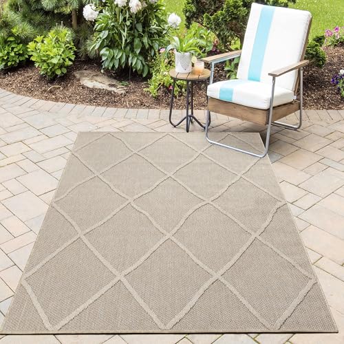 HomebyHome In& Outdoor Teppich Wetterfest, Beige 120x170 cm Teppich Küche, Waschbarer Küchenläufer Flachgewebe Sisaloptik Rauten Design Camping Terasse Balkon Outdoorteppich Garten
