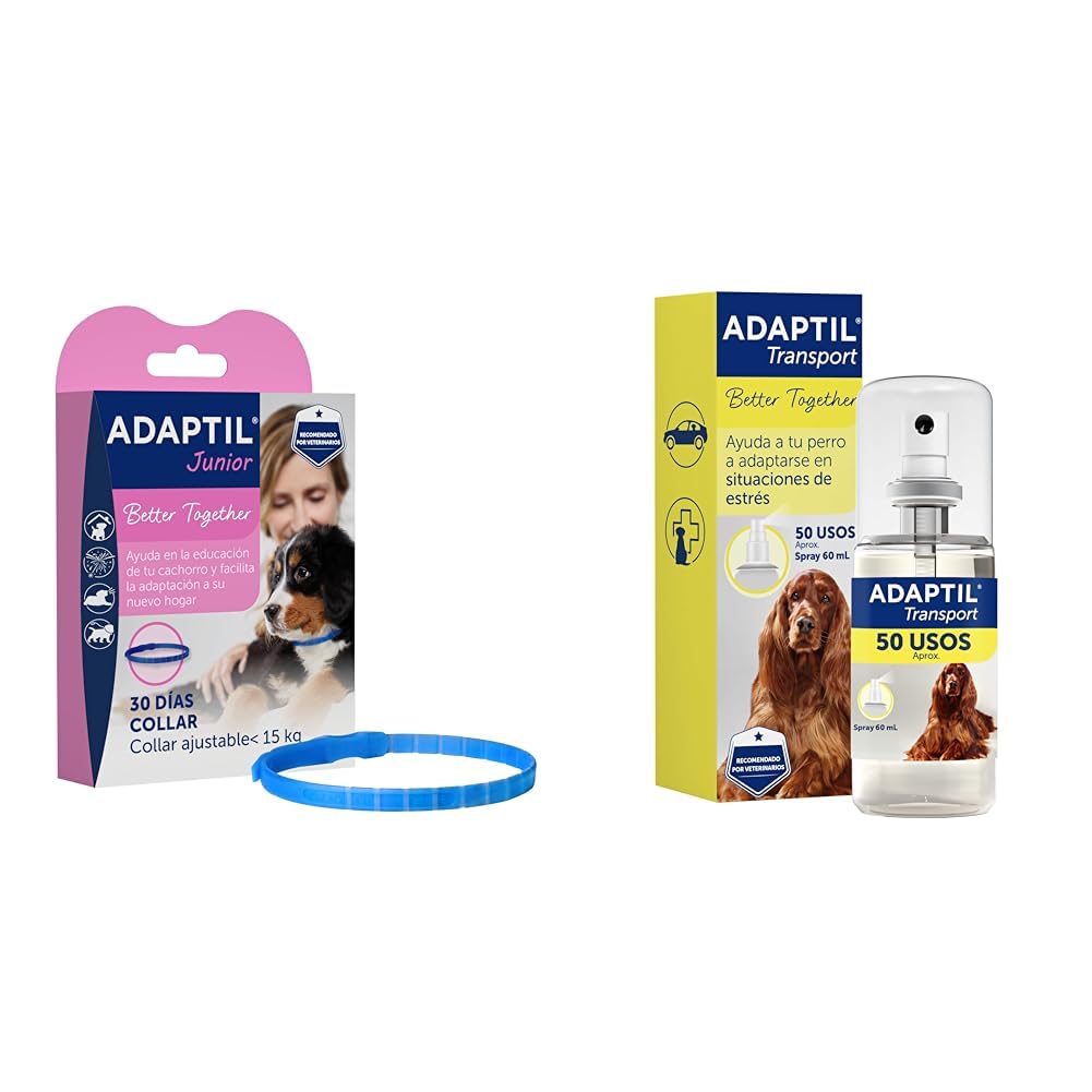 Adaptil Pack Antiestrés para Cachorros - Collar Junior + Spray Transport 60 ml - Calma y Seguridad - Reduce Miedos y Ansiedad - Ideal para Adaptación, Aprendizaje y Viajes