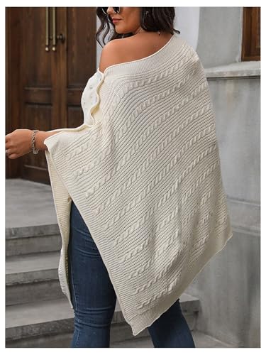MakeMeChic Women's Plus Size Cable Knit Poncho Sweater Asymmetrical Neck Button Pullover Tops3