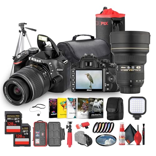 Nikon D3200 DSLR Camera with 18-55mm VR Lens – 24.2MP, Full HD 1080p Video, Guide Mode, 11-Point Autofocus + Nikon 14-24mm Lens + 128GB Memory Card + 72' Tripod + Camera Bag + Bag + More (Renewed)