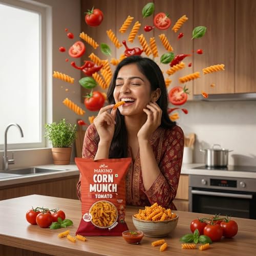 Image of Makino Corn Munch Tomato Flavour Snacks, Ready to Eat, 150g (Pack of 3) - First Time in India | Tangy & Refreshing Flavour, Everyone's Favourite Snack For All Occasions | No MSG, Non-GMO Corn, Zero Trans Fat, Gluten Free