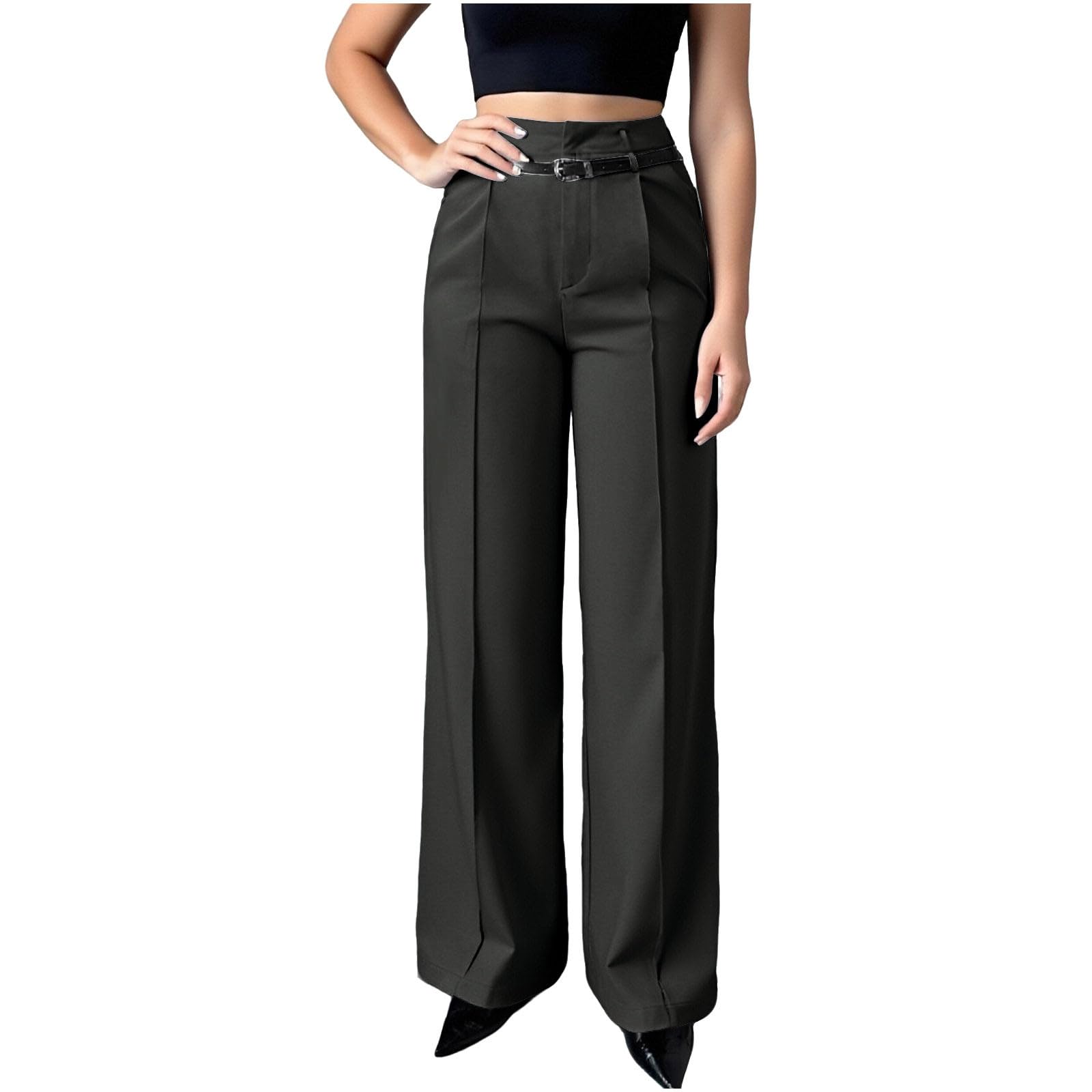 Work Pants Women Business Casual High Waisted Wide Leg Dress Pants Petite Pull On Chino Trousers with Pockets