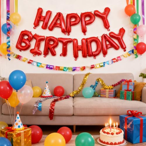Image of Red Happy Birthday Balloon Banner -16 Inch Mylar Foil Letters Balloons, Reusable Birthday Decorations and Party Supplies, Suitable for Men and Women's Birthday Decorations，Party Backdrop