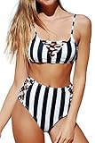 Cupshe Fashion Women's Stripe Printing High Waisted Padding Bikini Set Beach Bathing Suit (M)