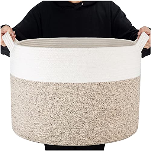 MINTWOOD Design Extra Large 22 x 14 Inches Blanket Basket Laundry Basket Toy Storage Baskets Bin, Decorative Cotton Rope Basket Living Room, Woven Basket, Round Large Basket for Pillows, Towels