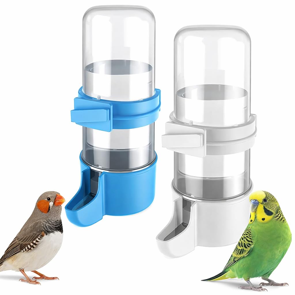 2 Pcs Automatic Bird Water Dispenser, Cage-Mounted Bird Water Feeder, Budgie Water Dispenser for Parakeet, Cockatiel, Parrot & Hamster (White & Blue)