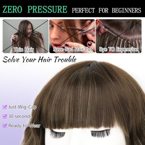 Image of AISI HAIR Curly Bob Wig with Bangs Short Wavy Warm Medium Brown with Golden Highlights. Color Wigs for Women Bob Style Synthetic Heat Resistant Bob Wigs