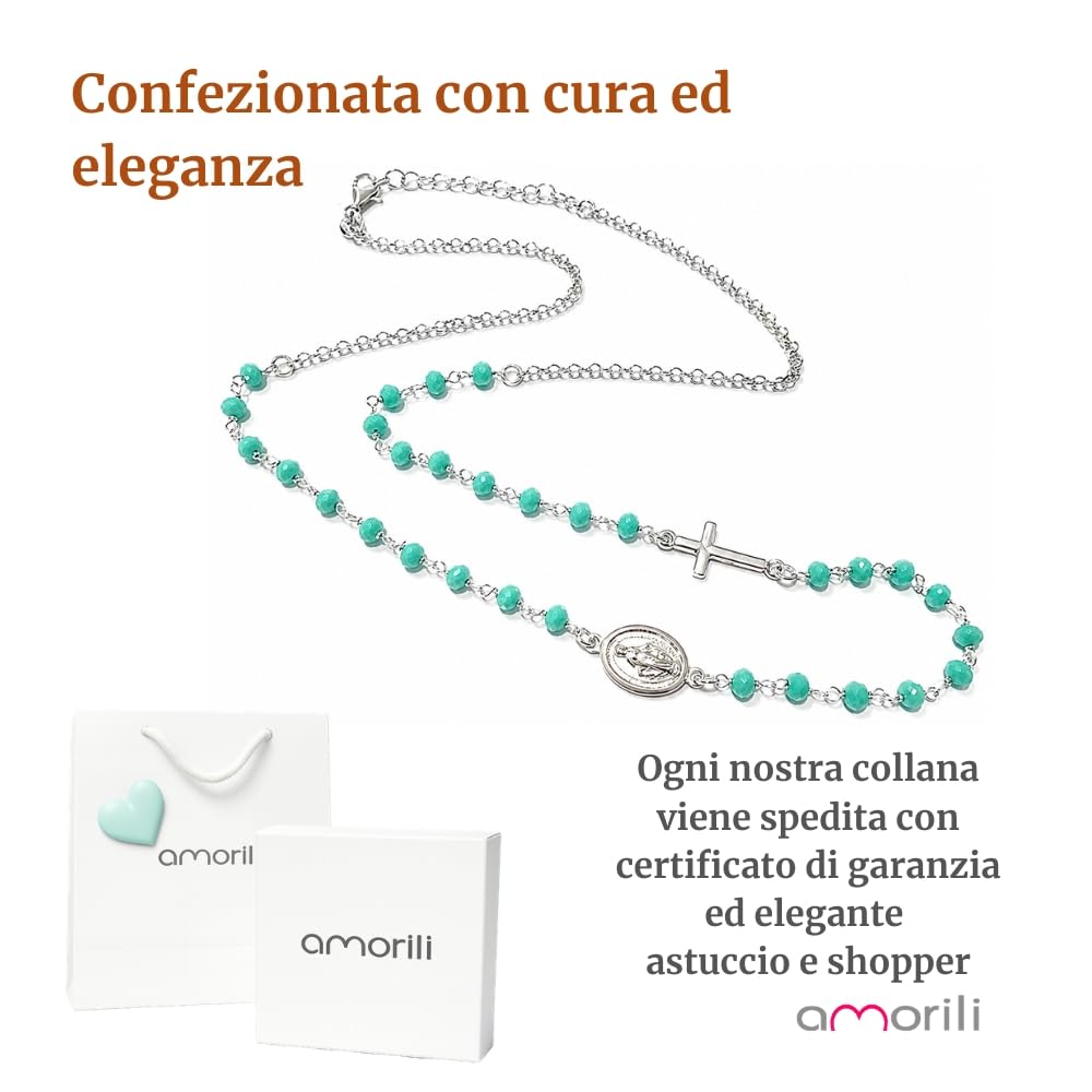Collana Rosario Girocollo Uomo Donna in Argento 925 con Grani Verde Mare Sfaccettati – Collana Religiosa Cattolica Cristiana di Fede – Gioiello Elegante cll2212
