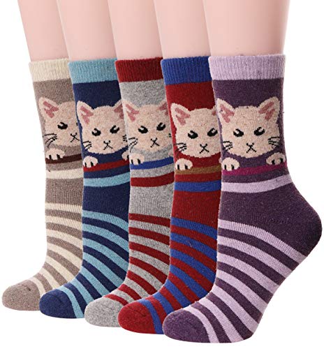 Womens Wool Socks Fuzzy Thick Heavy Thermal Winter Warm Cute Crew Socks For Cold Weather 5 Pack (Cat-Stripe)