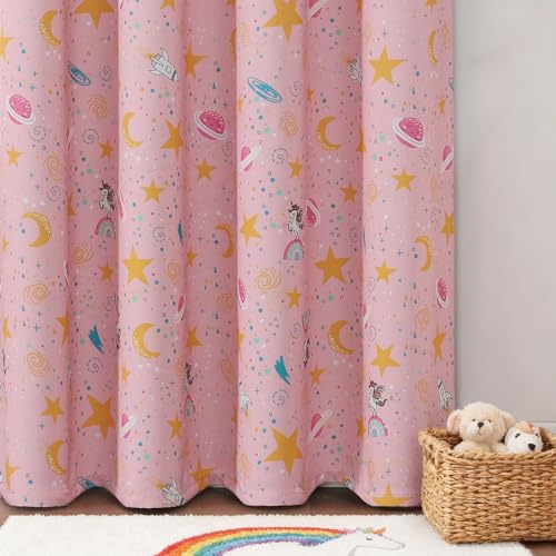 Image of Star & Moon Pattern Pink Blackout Curtains for Girls Bedroom 72 Inch Long | Estelar Textiler Cute Unicorn Theme Thermal Insulated Room Darkening Grommet Drapes for Kids Bedroom /Nursery,38Wx72L,2 Panels
