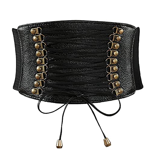 Wide Elastic Stretch Lace-up Cinch Elasticity Waist Belt,Retro Costume Accessories (E_Black)