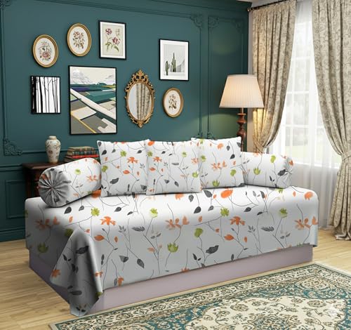 Image of IVAZA 240 TC Soft Ezyption diwan Cover Set Cotton 6 Pieces Designer Printed Standard diwan Cover Set (1 Single Bedsheet, 2 Bolster Covers, 3 Cushion Covers) White Orange