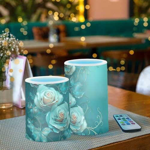 Image of Teal Lights Flameless Candles Vintage Turquoise Green Roses Pillar Candles Set of 2 Battery Operated Remote Control Warm Lights Home Decor