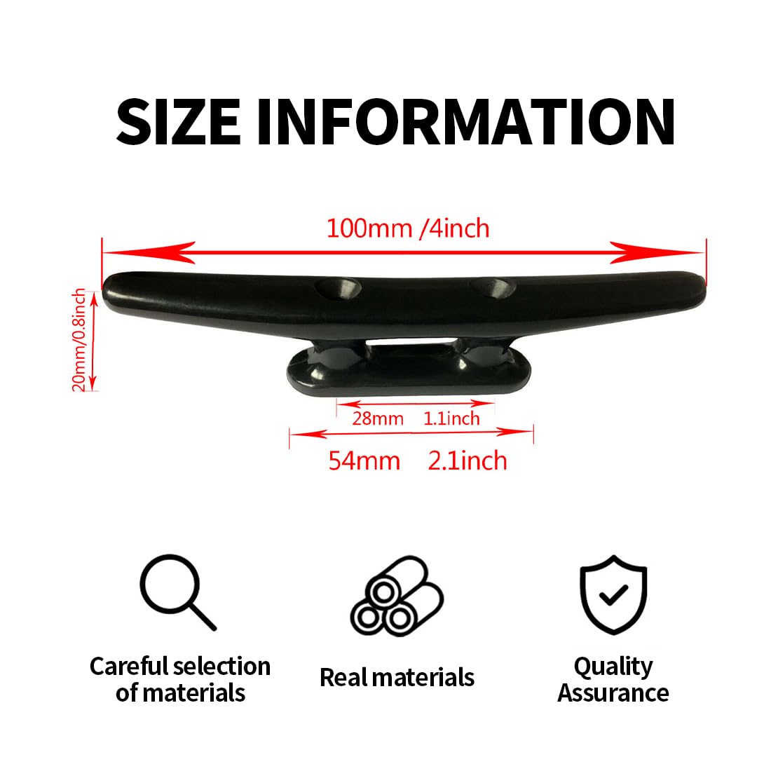 4 pezzi, realizzato in nylon di alta qualità, compensato per molo ormeggio, bitta per barche, morsetto per ormeggio barca, bitta per pontile, accessori per base ponte yacht (100 mm) (Nero)