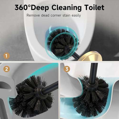 Image of Brushed Gold Toilet Brush and Holder,Extra Long Handled Toilet Brush for Bathroom,Stainless Steel Heavy Duty Toilet Bowl Brush,Deep Cleaning Modern Toilet Cleaner Brush -Space Saving, Covered Brush