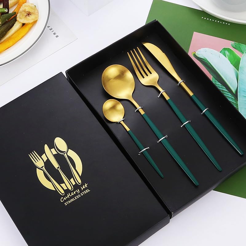 Silverware Flatware Set, 4/16/24/32 Pieces Matte Portuguese Knife And Fork Gift Box Set Steak Knife, Fork And Spoon Stainless Steel Tableware(White Gold,4Set-16Pcs)