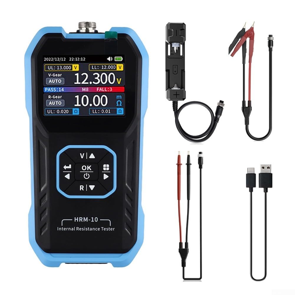 Misuratore di resistenza interno HRM-10 per test di tensione e resistenza della batteria, 0 ~ ± 100 V DC / 0200Ω, precisione ± 0,5% con Kelvin a 4 fili, conservazione dei dati e ricarica USB-C