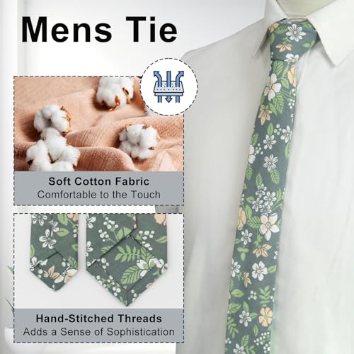 Image of Luckyvestir Ties for Men, Sage Green Cotton Floral Tie 2.76 inch Flower Printed Men's Neckties for Wedding /Groomsmen /Suit /Party