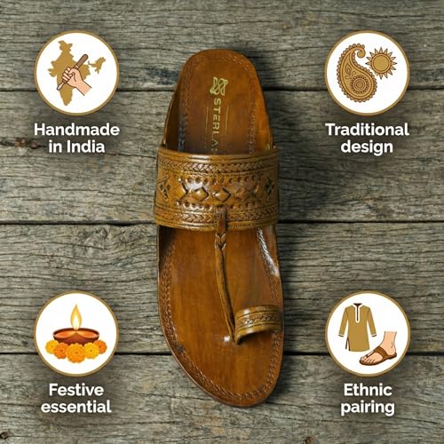 Image of Kolhapuri Chappal for Men Original, Pure Leather Handcrafted Traditional Kolhapuri Chappal for Man Formal Footwear for Weddings & Parties, Ethnic Wear & Daily Comfort