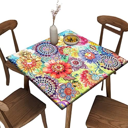 Fitted Square Tablecloth, Floral Boho Colorful Bohemian Washable Spill Proof Polyester Table Cloth, for Indoor Holiday Family Banquet and Outdoor Patio Use, Fit for 36" x 36"Square Table
