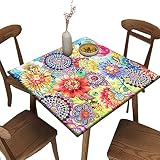 Fitted Square Tablecloth, Floral Boho Colorful Bohemian Washable Spill Proof Polyester Table Cloth,